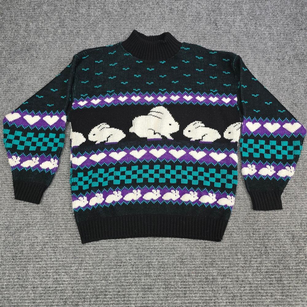 Vintage 80s Spunky Bunny Rabbit Sweater Womens Medium Black Novelty USA Easter